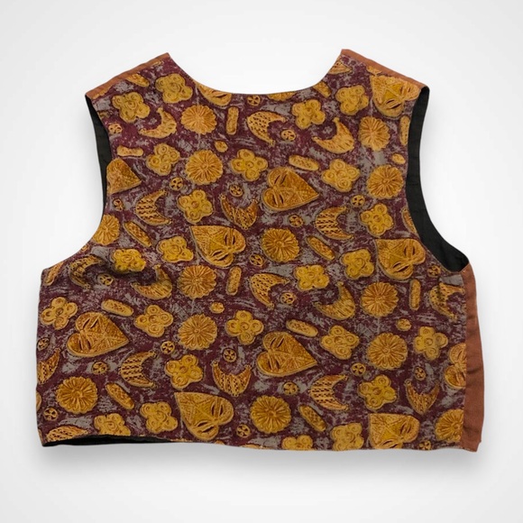 Boho Fall Festival Embroidered Appliqué Flower Leaf Vintage 90’s Bolero Vest - Picture 2 of 5